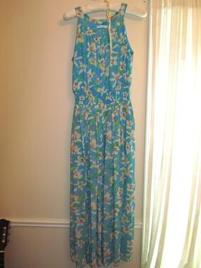 Blue Floral Maxi Dress with Elastic Waist